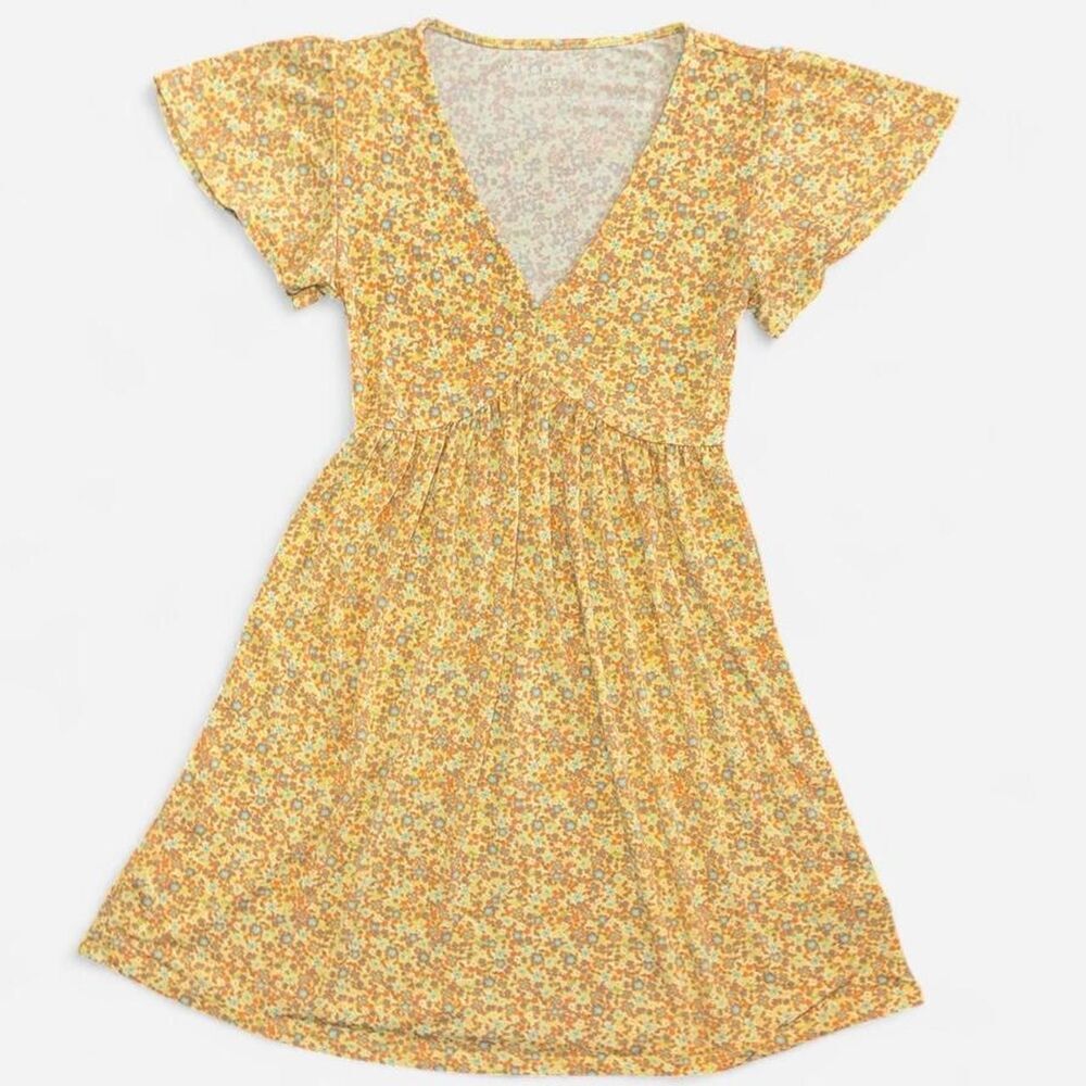 Aeropostale Yellow Floral Mini Dress with V-Neck and Butterfly Sleeves, Size XS